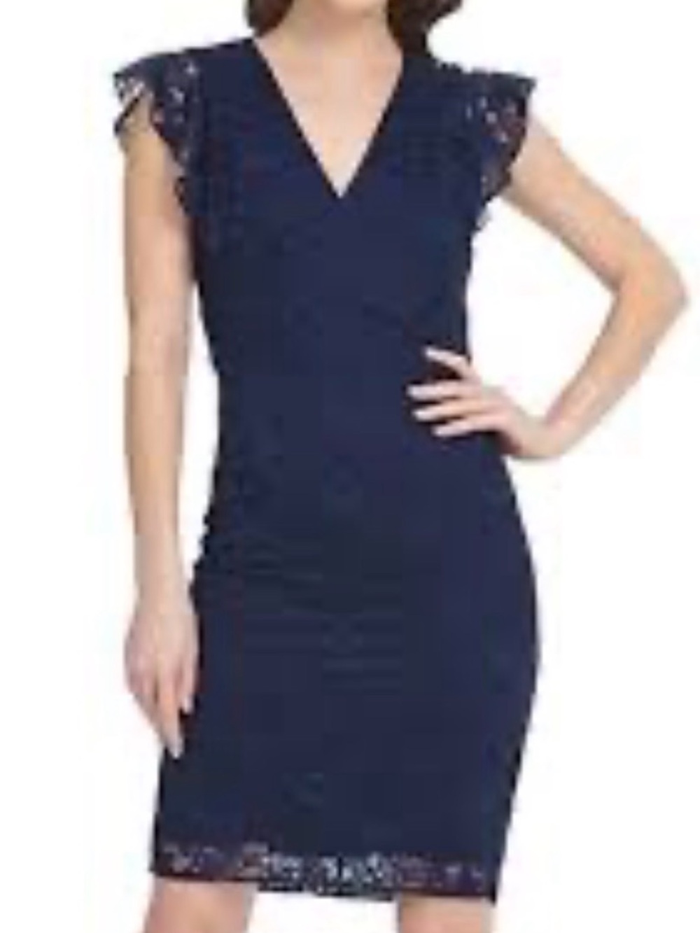 DKNY Women’s Lace V-Neck Sheath - Size 14 - Navy Blue